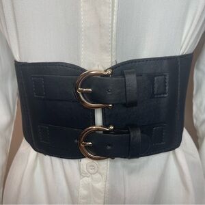 Black PU leather elastic waistband gold tone double buckle wide corset belt